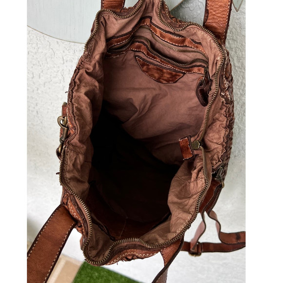 LANGELOTTI Italian Distressed Leather Woven Tote Bag - Crossbody - Tobacco Brown - Picture 9 of 12